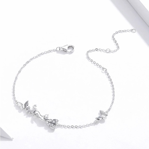 Cat & Butterflies Link Chain Bracelet for Women 925 Sterling Silver Bracelet - Picture 7 of 10
